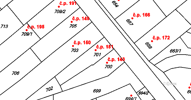 Pustiměřské Prusy 151, Pustiměř na parcele st. 701 v KÚ Pustiměř, Katastrální mapa