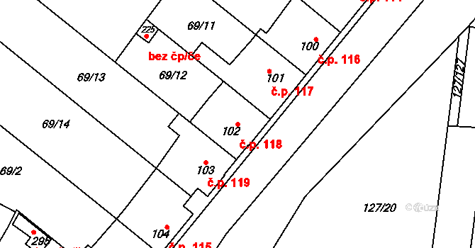 Minice 118, Kralupy nad Vltavou na parcele st. 102 v KÚ Minice u Kralup nad Vltavou, Katastrální mapa