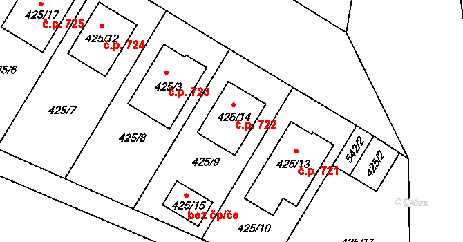 Mikulčice 722 na parcele st. 425/14 v KÚ Mikulčice, Katastrální mapa