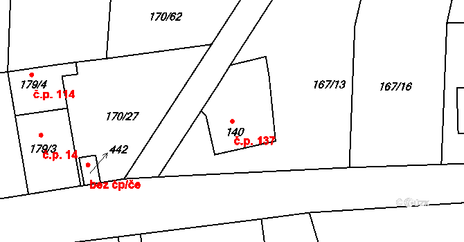 Tachlovice 137 na parcele st. 140 v KÚ Tachlovice, Katastrální mapa
