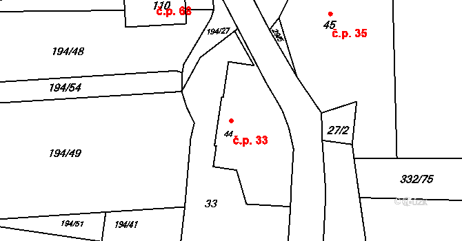 Stanětice 33, Zahořany na parcele st. 44 v KÚ Stanětice, Katastrální mapa