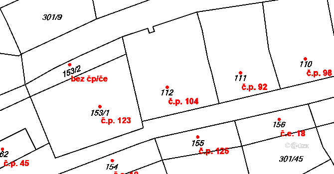 Podmokly 104 na parcele st. 112 v KÚ Podmokly nad Berounkou, Katastrální mapa