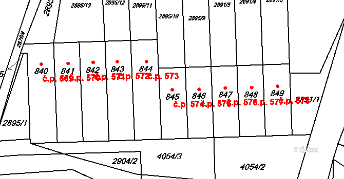 Kryry 574 na parcele st. 845 v KÚ Kryry, Katastrální mapa