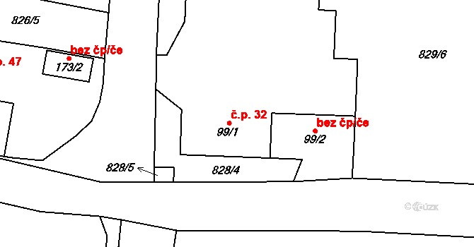 Brozánky 32, Řehlovice na parcele st. 99/1 v KÚ Řehlovice, Katastrální mapa